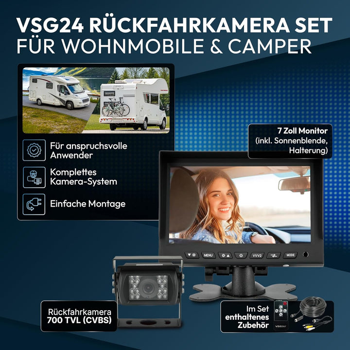 VSG24 Rückfahrkamera 7" Camper-Set inkl. Kamera, Monitor, Kabel - Wasserdicht Nachtsicht 12V-24V Ein