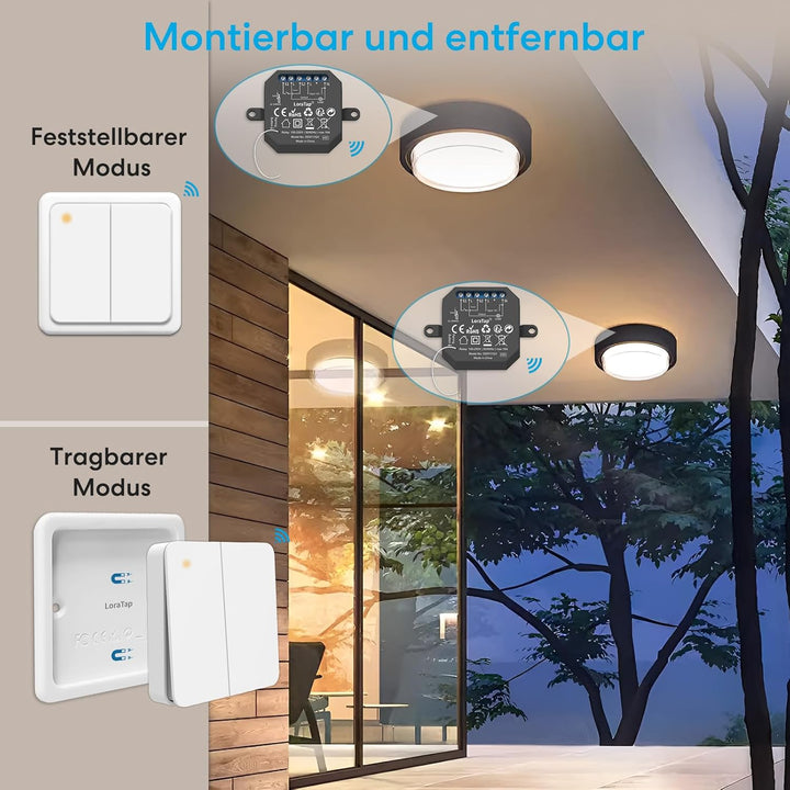 LoraTap Funk-Schalter Set Funk-Empfänger mit Funk-Wandschalter inkl. magnetischer Wandhalterung 230V