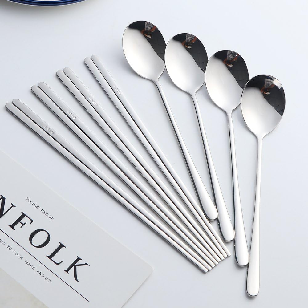 Buyer Star 4 Sätze flaches Essstäbchen Koreanischer Löffel 8 Stück Rostfreier Stahl Stäbchen Löffel