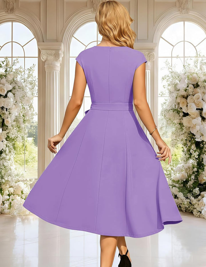 DRESSTELLS Damen Vintage Retro 1950er Cocktaikleid A-Line Swing Festlich Midilang Kleid Lavender M,