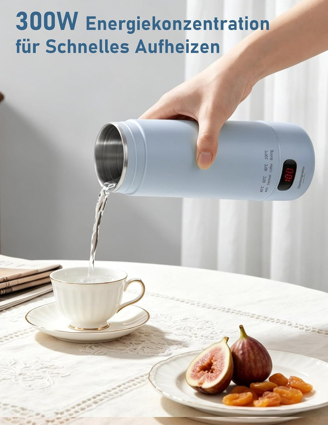 Reisewasserkocher Klein, 450ml Tragbarer Mini Wasserkocher mit 6 Temperatureinstellung LED-Display E
