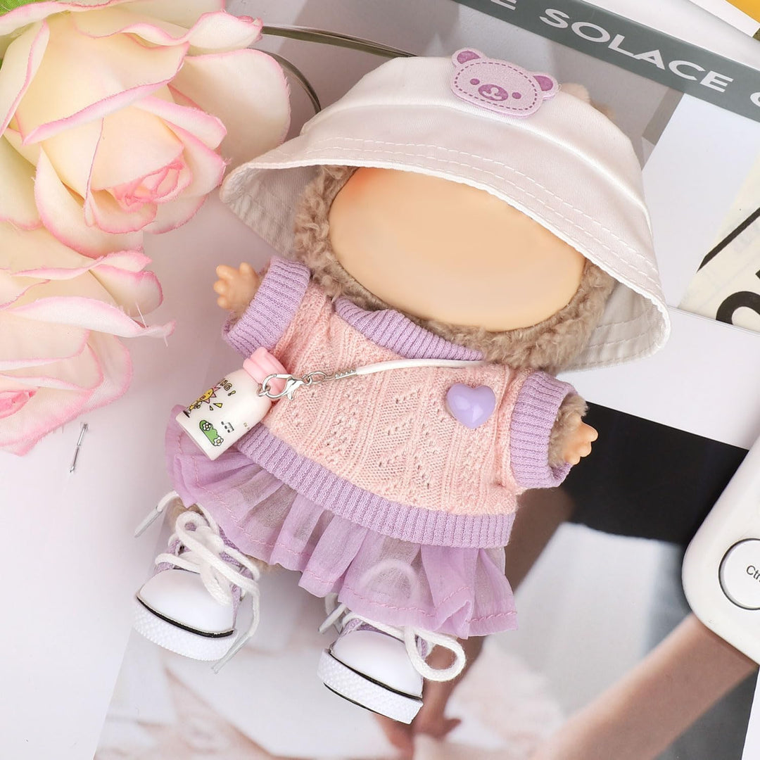 BOXOB Plüschpuppen Kleidung Set, 5stk Kawaii Outfit Enthält Pullover, Lila Tüllrock, Hut, Kleine Was