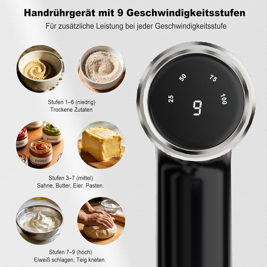 Camic Handmixer mit 9 Geschwindigkeitsstufen, Kabelloser Elektrisch- Handrührgerät mit Schneebesen,