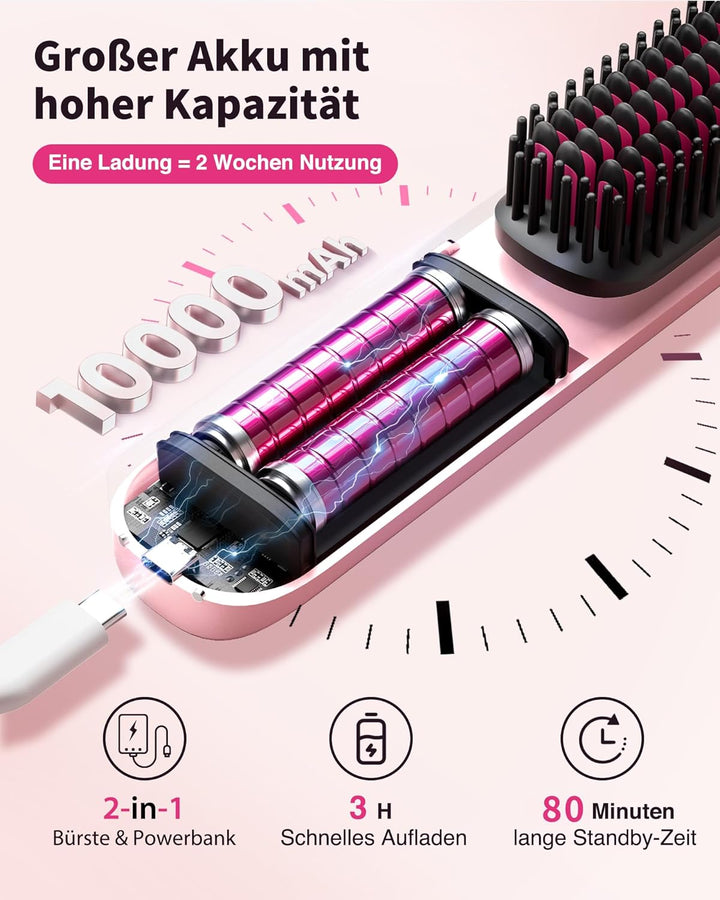 Bopcal Glättbürste 2 in 1-10000mAh Haarglätter Bürste mit Millionen Negative Ionen, Wiederaufladbare
