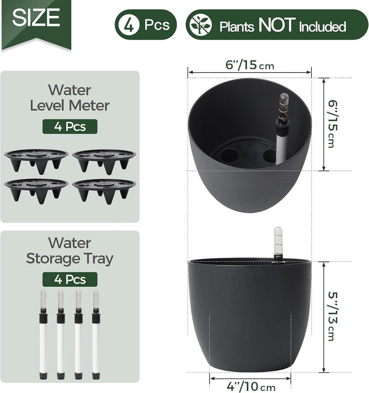 T4U 15cm Selbstwässernder Blumentopf mit Wasseranzeiger Schwarz 4er-Set, Selbstbewässerung Wasserspe