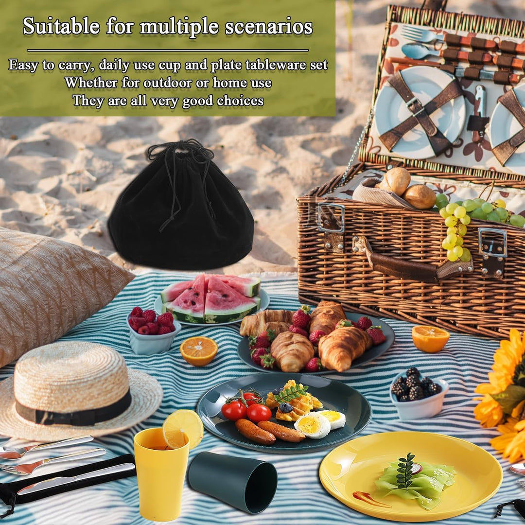 Evanda Camping Besteck Set 10 teilig, wiederverwendbarer leichter Becher, Teller und Edelstahlbestec
