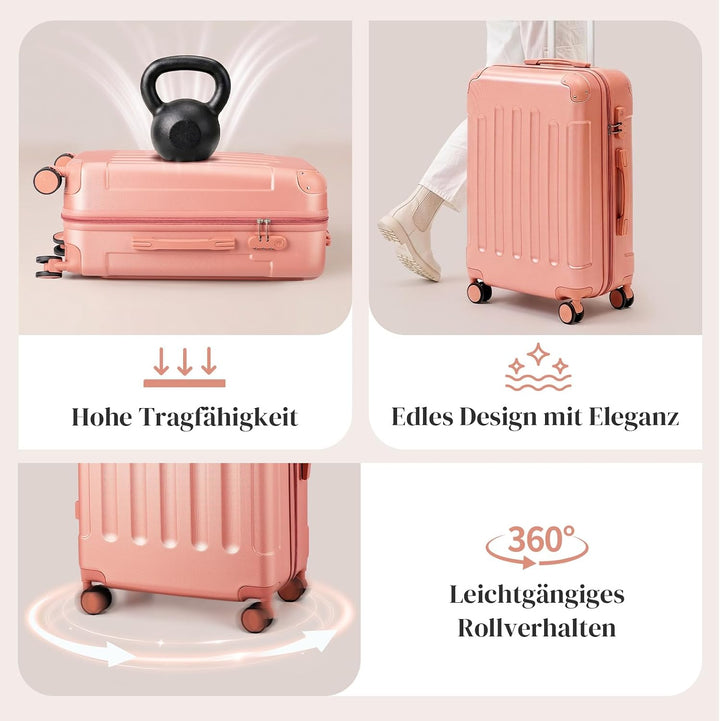 LEADZM Kofferset 3 teilig Hartschale mit verstärkten Ecken (Roségold) | Reisekoffer mit Rollen Gross