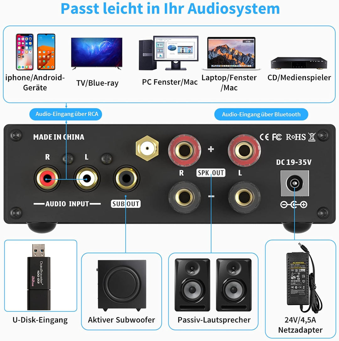 Fosi Audio BL20C HiFi Verstärker 320 Watt, Bluetooth 5.0 Mini 2.1 CH Klass-D TDA7498E Integrierter,