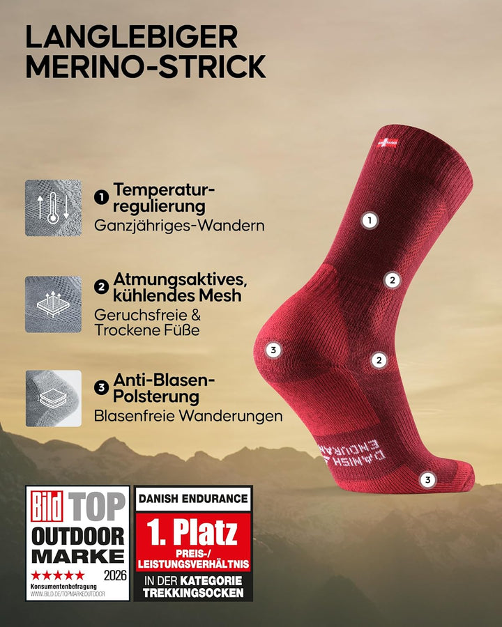 DANISH ENDURANCE Merino Wandersocken, Sommer Trekkingsocken, Merinowolle Socken, Atmungsaktiv & Star