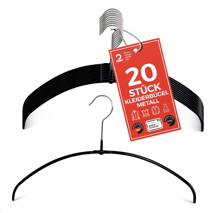 MAWA Kleiderbügel Light, Set mit 20 platzsparenden und rutschfesten Bügeln, ideal für T-Shirts, Tops