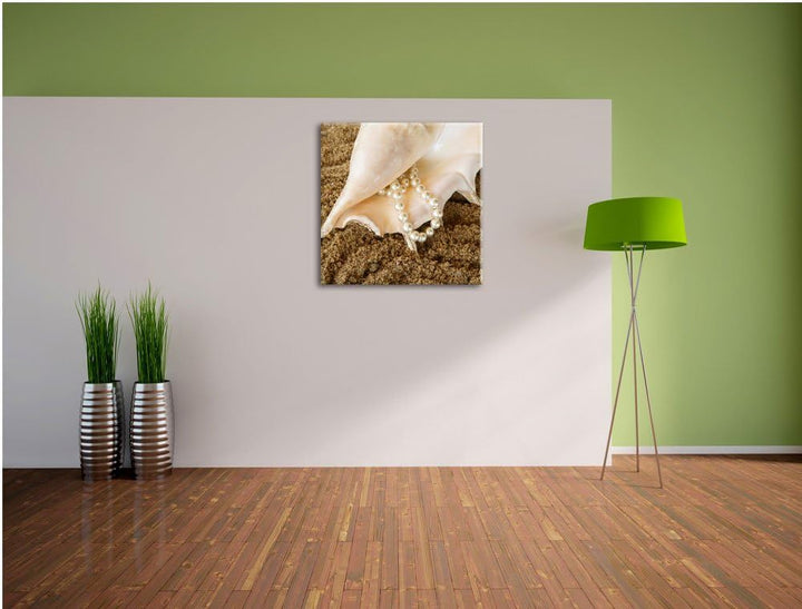 Pixxprint Muschel mit Perlenkette als Leinwandbild/Grösse: 70x70 cm/Wandbild/Kunstdruck/fertig bespa