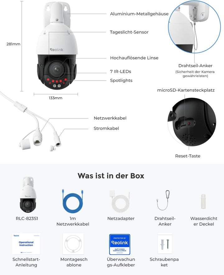Reolink 4K 8MP UHD PTZ Outdoor Überwachungskamera PoE mit 5X 3D optischem Zoom, Auto-Tracking, Farbn