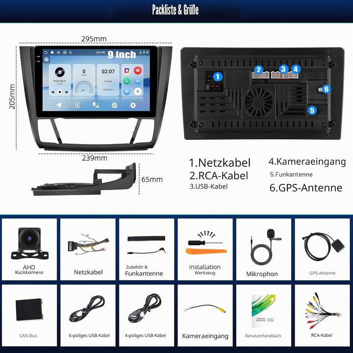 CAMECHO 4+128G Android 15 Navi Autoradio 9 Zoll für BMW Serie 1 E81 E82 E87 E88 2004-2011 mit Rückfa