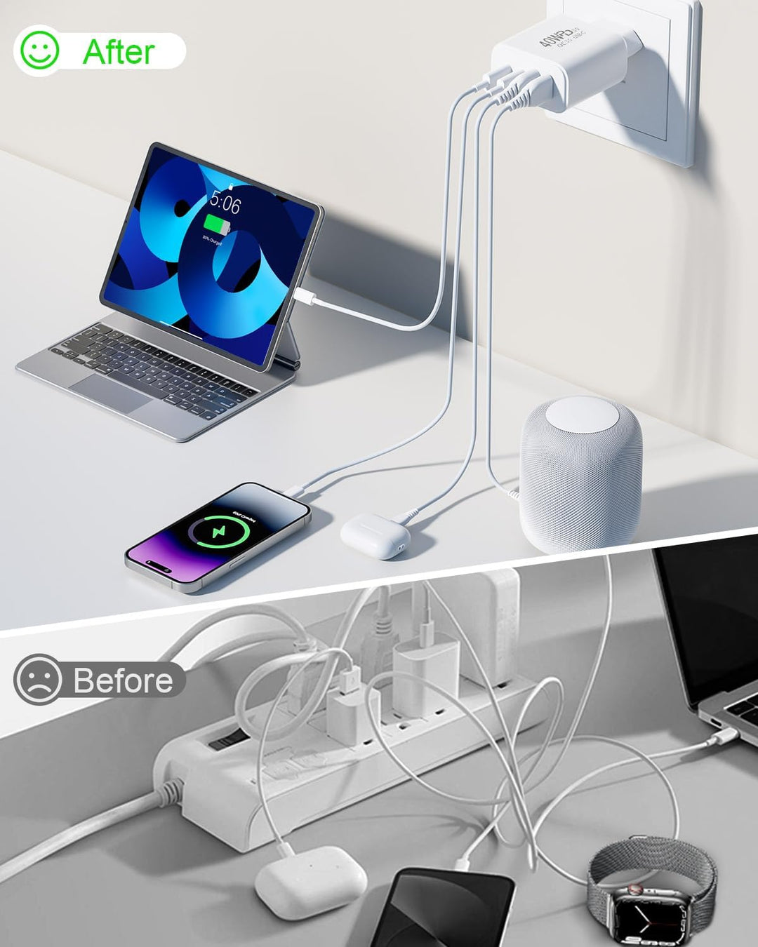 40W USB-Ladegerät mit 4 Kabeln, 2 USB-C + 2 USB-A Anschlüssen Wandladegerät für iPhone, Samsung, And