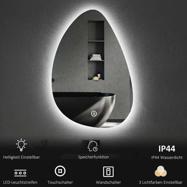 Boromal Asymmetrischer Spiegel mit Beleuchtung LED Badspiegel mit Beleuchtung 55x80cm LED Spiegel mi
