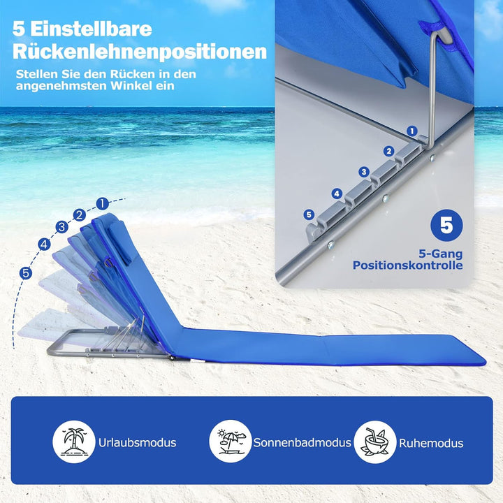 COSTWAY 2er Set Strandmatte mit Beistelltisch, Kopfkissen & Staufach, Liegematte mit Verstellbarer R