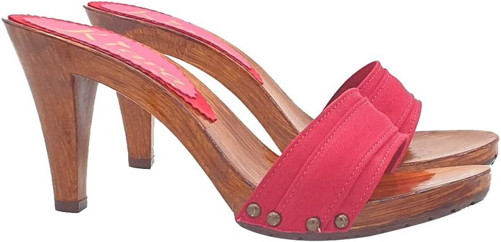 Holzeffeckt Clogs mit doppeltem rotem Band hoher Absatz 9 cm - K6101 AMARANTA (40 EU, ROT) 40 EU Rot
