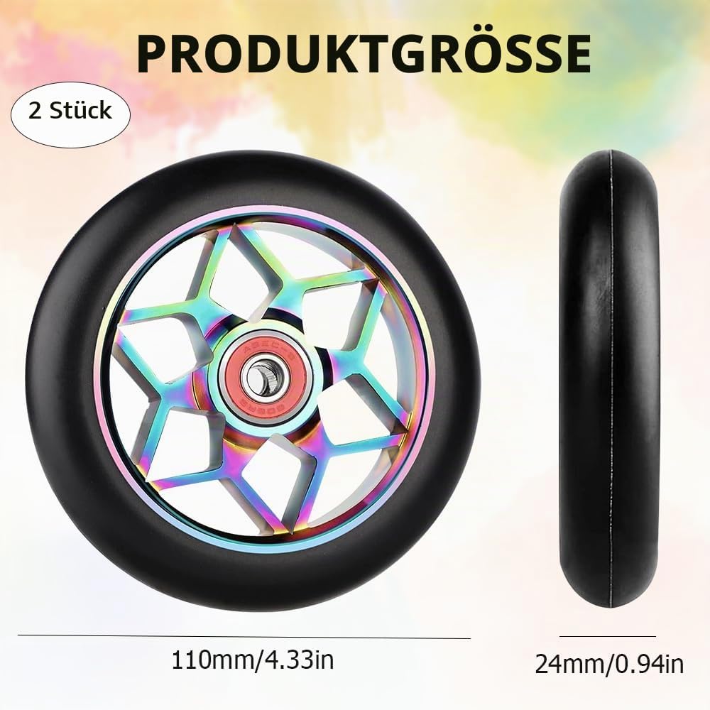 2 Stück 110mm Stunt Scooter Reifen, Stunt Scooter Rollen mit ABEC, 9 Kugellager, Ersatzräder für Sco