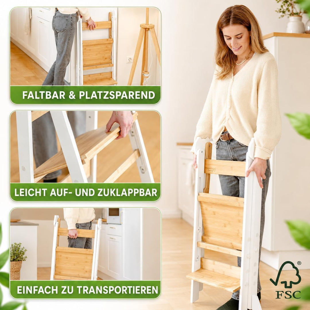 Lernturm Montessori Platzsparend und höhenverstellbar aus Bambus mit Kippschutz für Kinder ab 1 Jahr