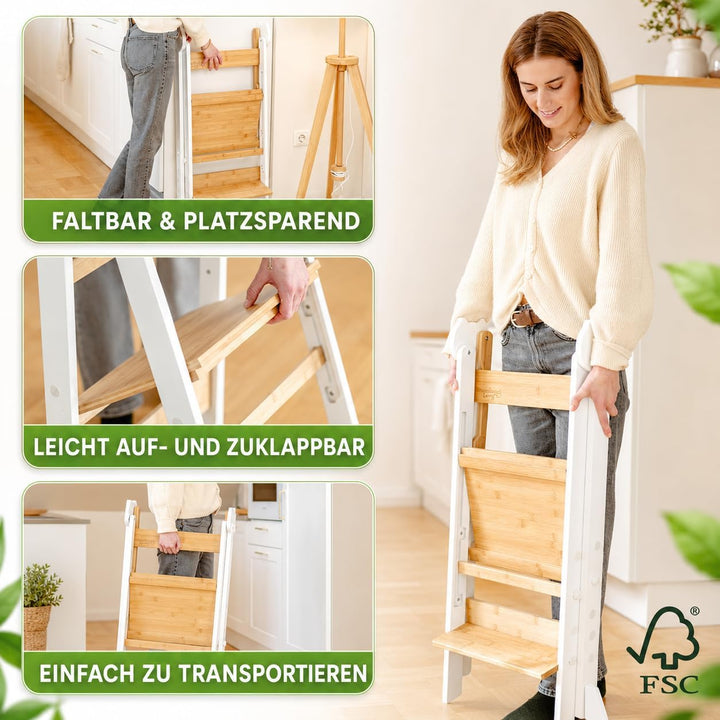 Lernturm Montessori Platzsparend und höhenverstellbar aus Bambus mit Kippschutz für Kinder ab 1 Jahr