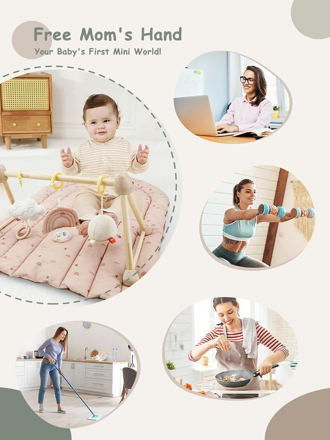 4 IN 1 Spielbogen Baby, Spielmatte Babies mit Natur Holz Activity Spielbogen, 3 abnehmbaren Spielzeu