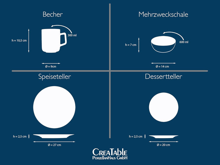 CreaTable, 16798, Serie Luna Black Line, Geschirrset, Kombiservice 16 teilig, Kombiservice 16 teilig