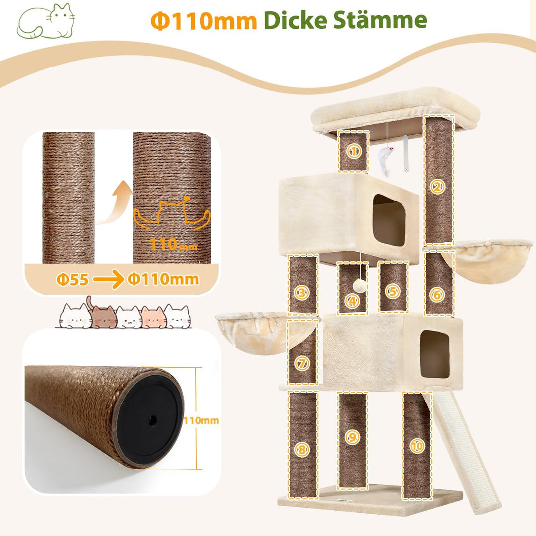 Globlazer Beige Kratzbaum Dicke Stämme 11CM für Grosse Katzen mit 2 Extragross Katzenhaus 50*35*30cm