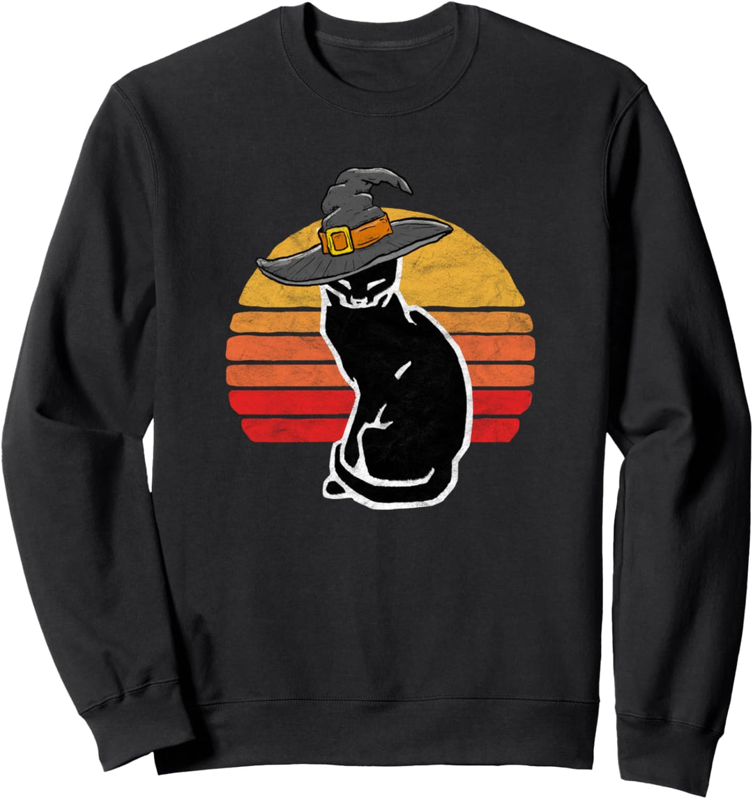 Funny Black Cat in Witch Hat Vintage Minimalist Halloween Sweatshirt