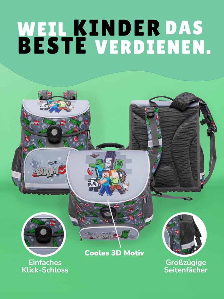 Familando - Schulranzen Set 10-teilig mit Schultüte - Minecraft - Ergonomisch, stabil & mit gepolste