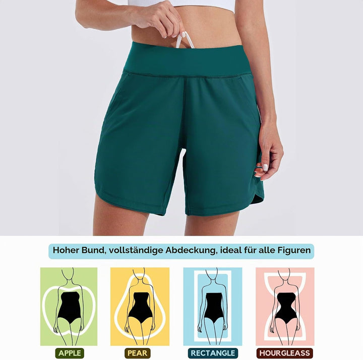 WILLIT Damen 7" Badeshorts Schwimmen Boardshorts Badehose Schnell Trocknend Bikini Shorts High Waist