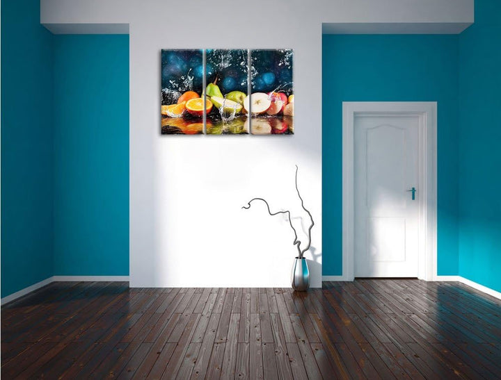 Pixxprint Früchte im Wasser als Leinwandbild/Grösse: 3 Teilig (120x80 cm) cm/Wandbild/Kunstdruck/fer