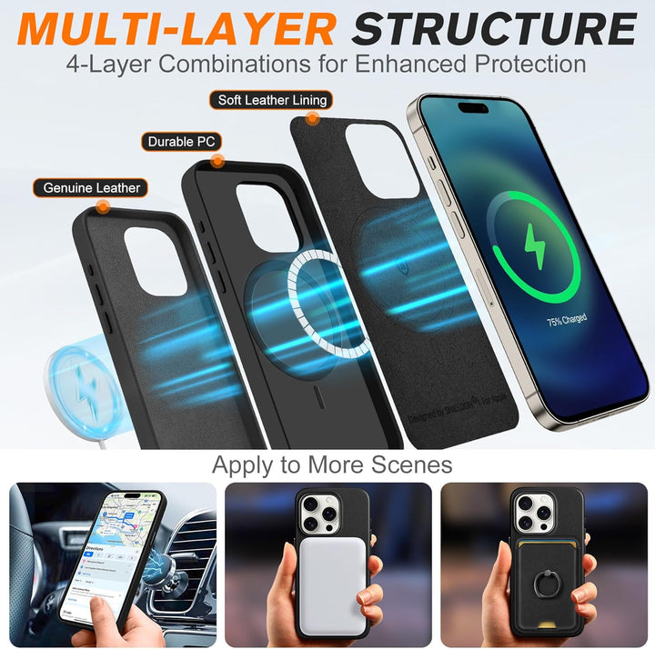 SHIELDON Hülle für iPhone 15 Pro Handyhülle Case [Echtleder] [Kabellos Laden] [Magnet] [Ultra Dünn]