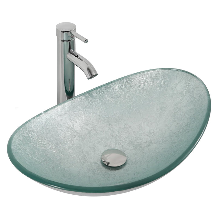 YU YUSING Aufsatzwaschbecken Waschbecken Glas Waschtisch, Oval Hand Waschschale mit Wasserhahn Set,