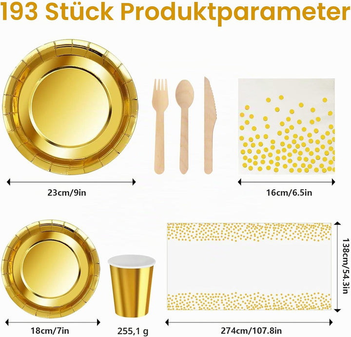 193Stück Gold Partygeschirr,Partyzubehör Pappteller Set, Papier Geschirr Set einschliesslich Einweg