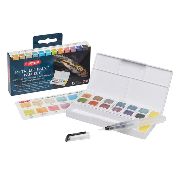 Derwent Inktense Metallic Paint Travel Set Palette, Tragbare Palette mit 12 Farben, Wassertankpinsel