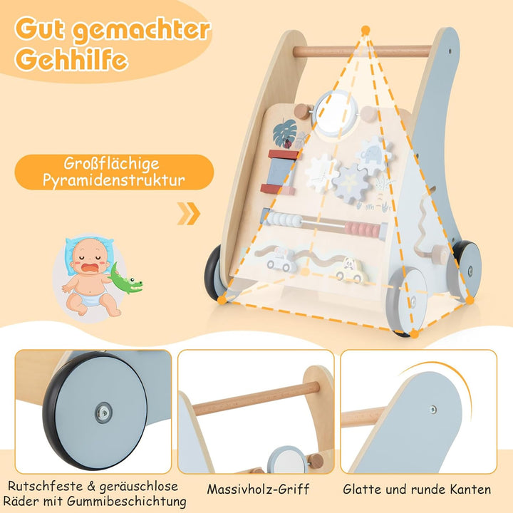 GOPLUS 2 in 1 Lauflernwagen, Lauflernhilfe Holz mit interaktiven Elementen, Hintere Ablage, Montesso