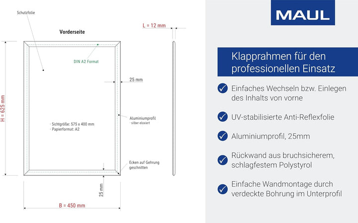 Maul Klapprahmen MAULstandard A2 | Bilderrahmen für Poster, Werbemittel &amp; Fotos | Robuster Rahmen mi