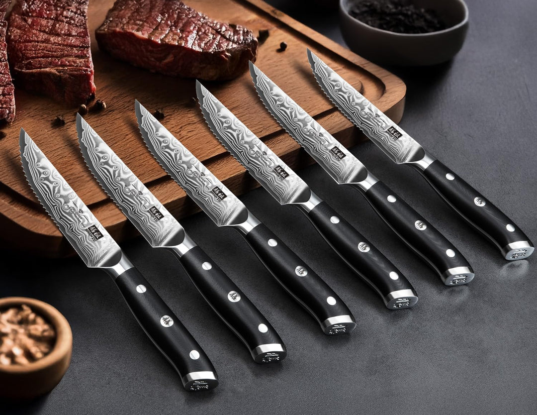 SHAN ZU Steakmesser-Set 7-teilig, 11 cm Damast-Steakmesser mit Block, japanisches Küchenmesser-Set m