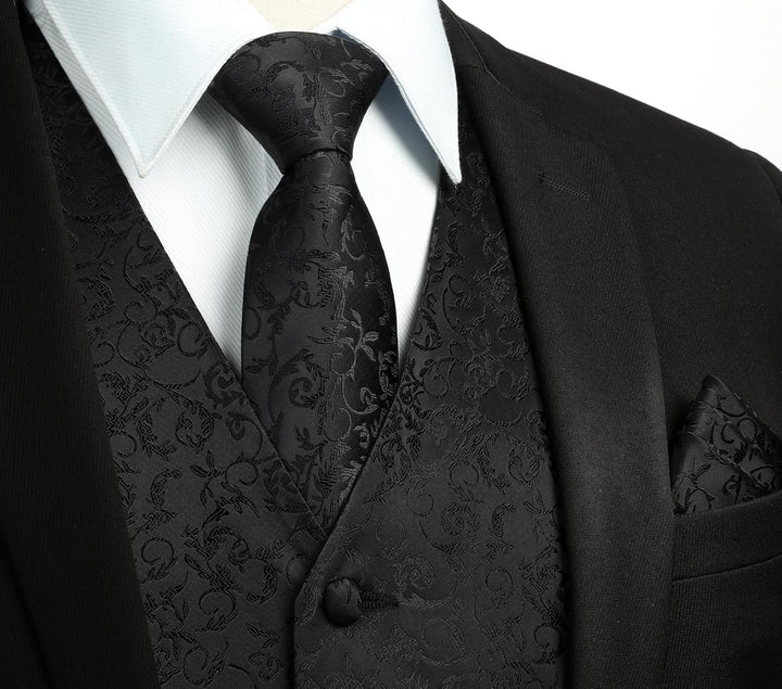 HISDERN Paisley Anzugweste für Herren Schwarz Hochzeit Weste Krawatte Einstecktuch Taschentuch Jacqu