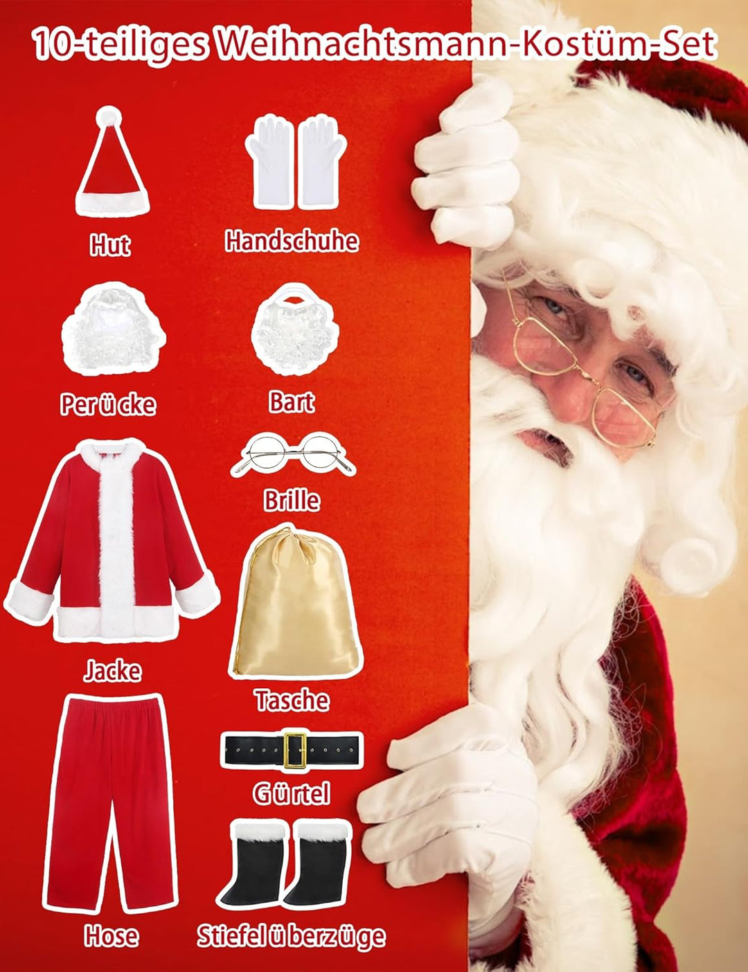 Weihnachtsmann Kostüm für Männer Deluxe Erwachsene Santa Anzug Herren Rot 10 teilig Professionelles