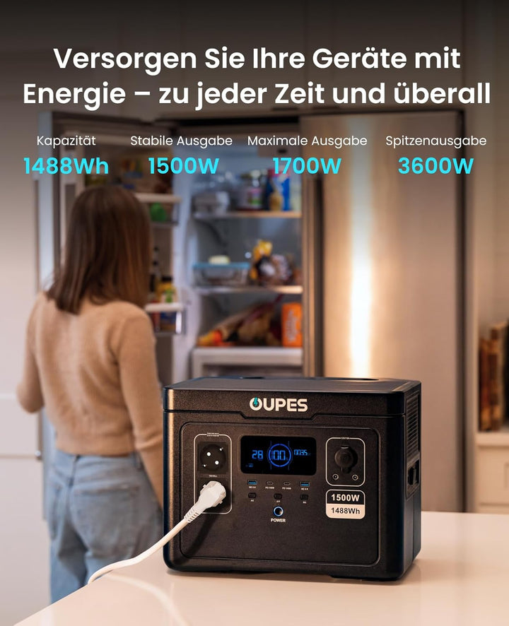 OUPES Exodus 1500 Tragbare Powerstation 1500W, 1488Wh Solargenerator mit 2 Steckdose (Boost 1700W, 3