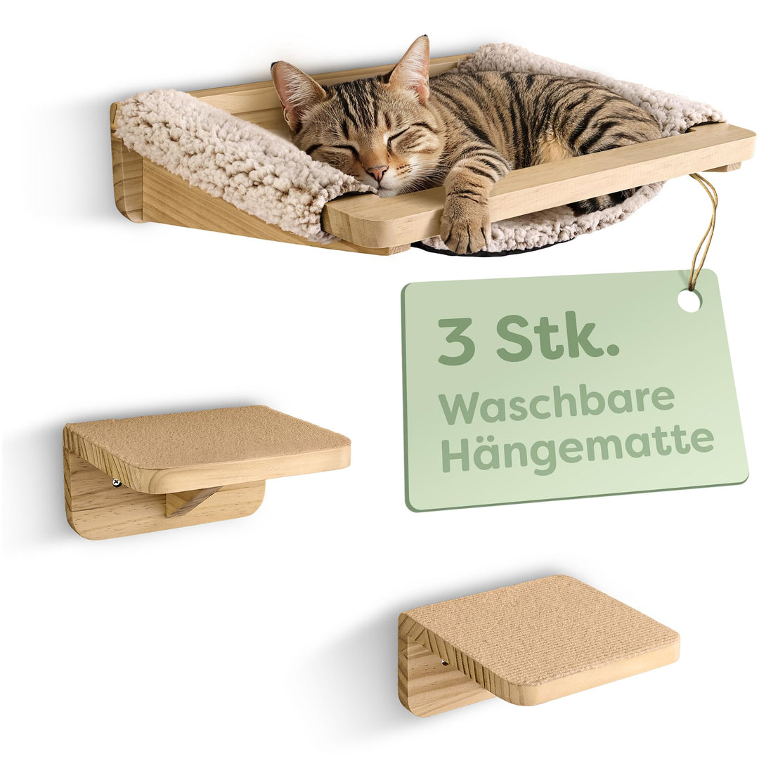 Katzen Kletterwand Set mit Hängematte &amp; 2X Katzentreppe – massives Kiefernholz, stabile Wandliege bi