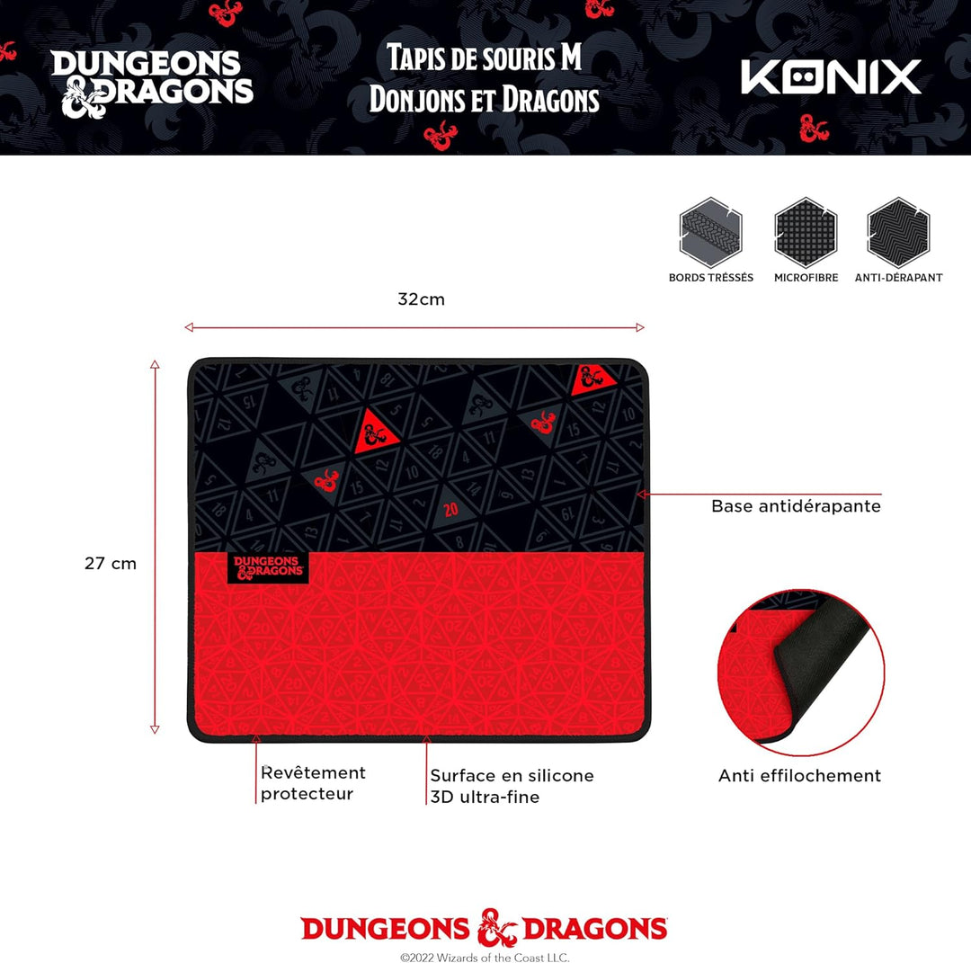 Konix Dungeons &amp; Dragons Gaming-Mauspad 32 x 27 cm - rutschfeste Gummibasis - rot und schwarz Dungeo
