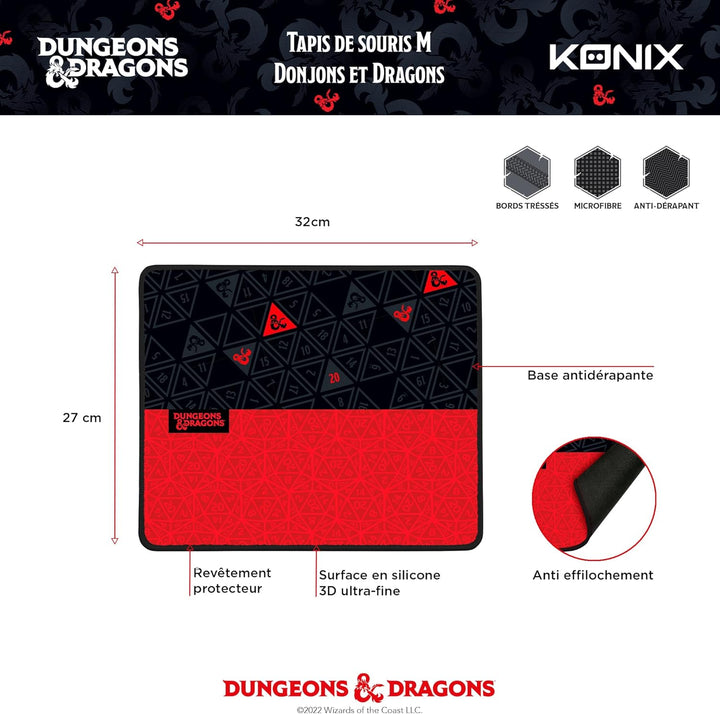 Konix Dungeons &amp; Dragons Gaming-Mauspad 32 x 27 cm - rutschfeste Gummibasis - rot und schwarz Dungeo