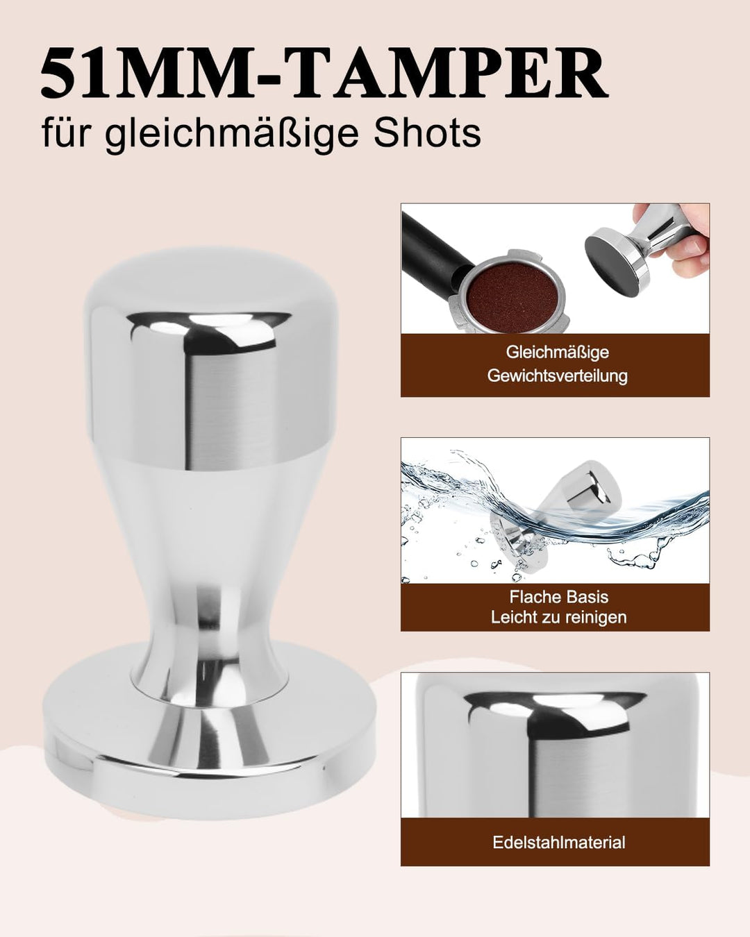 Haliya Espresso Tamper Set 51 mm, 350ml Milchkännchen mit Skala, Latte Art Stift & Löffel, Holz Dist