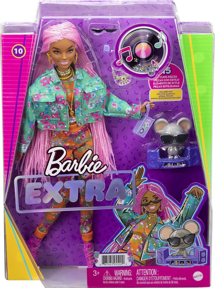 Barbie GXF09 - Extra Puppe, Pinke Flechtzöpfe, in Floral bedruckter Jacke &amp; Hose, DJ Haustier-Maus,