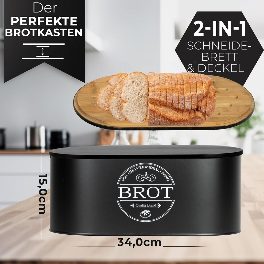 IDEALTASTIC® Premium 2-in-1 Brotkasten schwarz mit effizientem Schneidebrett-Deckel I Länger frischh