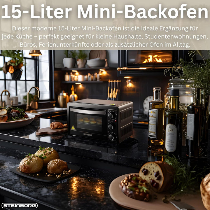 Mini Backofen 15 Liter | Pizzaofen | Minibackofen | 60 min Timer | 100°-230°C | 1200 Watt | Backofen