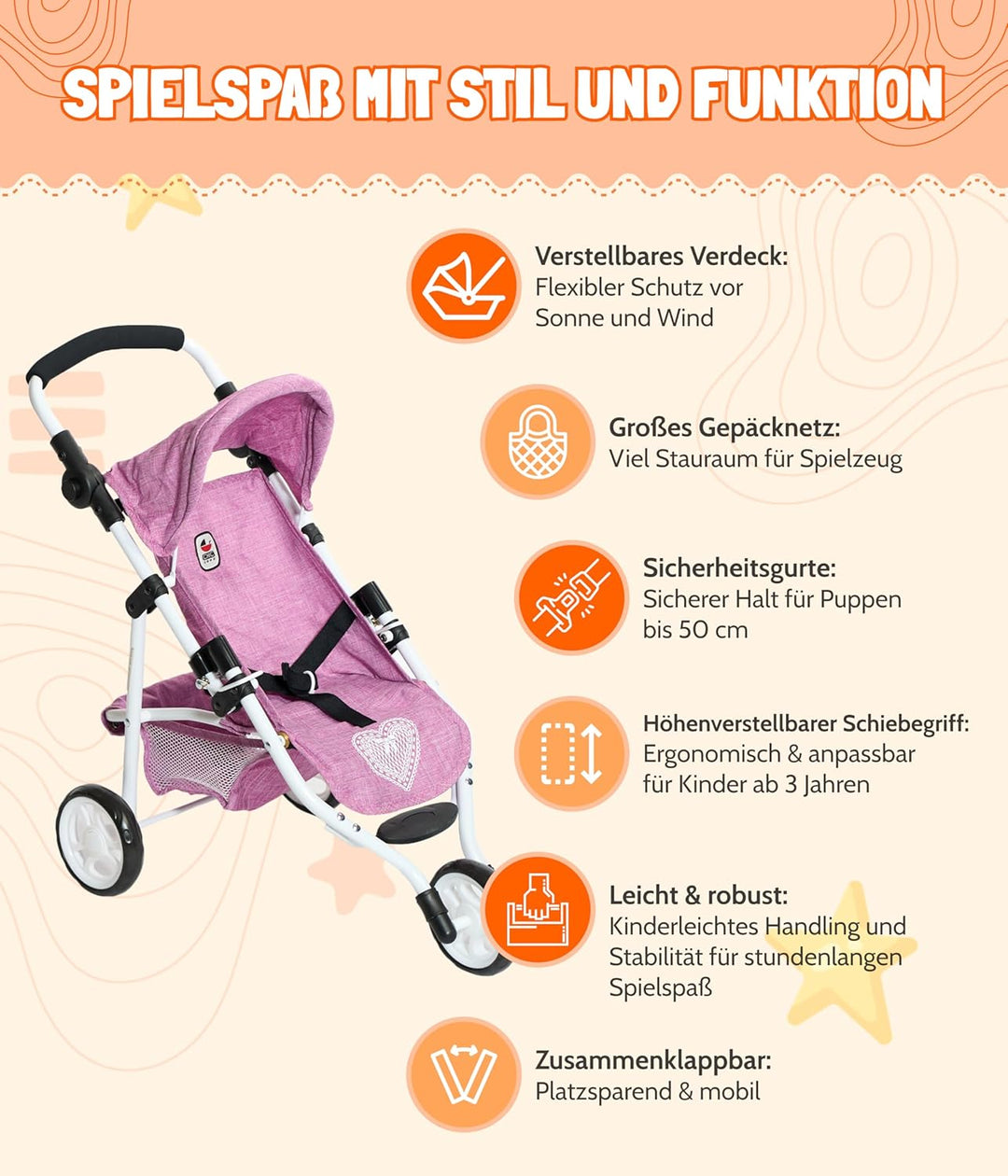 Bayer Chic 2000 - Puppenbuggy Lola, Jogging-Buggy, Puppenjogger, Puppenwagen, Melange anthrazit, Min
