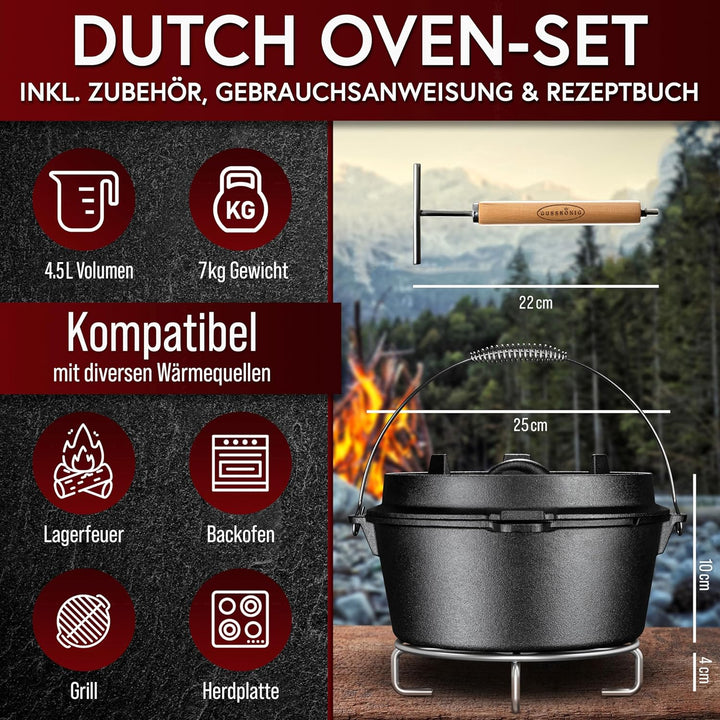 Dutch Oven Set 9-teilig – bereits eingebranntes Gusseisen Topf Set – Bratpfanne, Grilltopf, Deckelhe